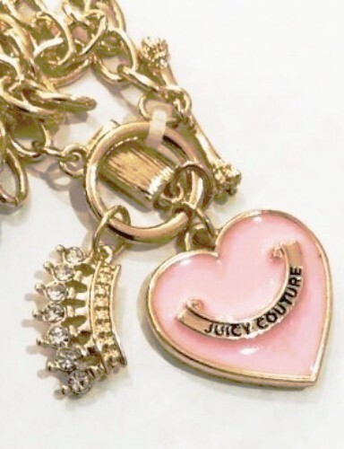 Juicy Couture Pink Enamel 1″ Heart Charm Crown 17″ Toggle Pendant Necklace NWT