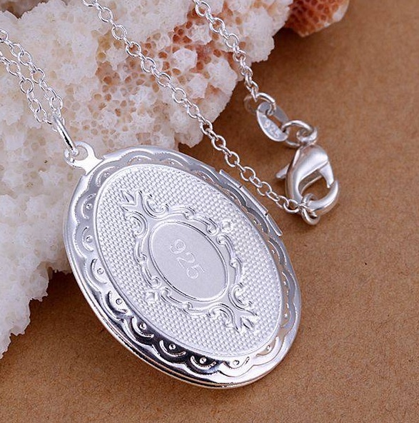 Sterling Silver Oval Locket Pendant Necklace Photo & 18″ Link Chain Gift Box
