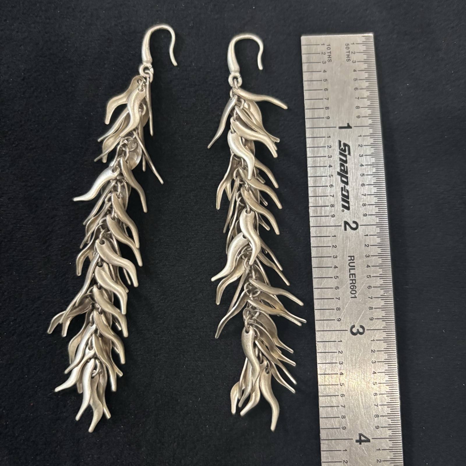 Silver Tone Fringe Dangle Earrings Long Statement Hook Earrings Boho 4 Inch