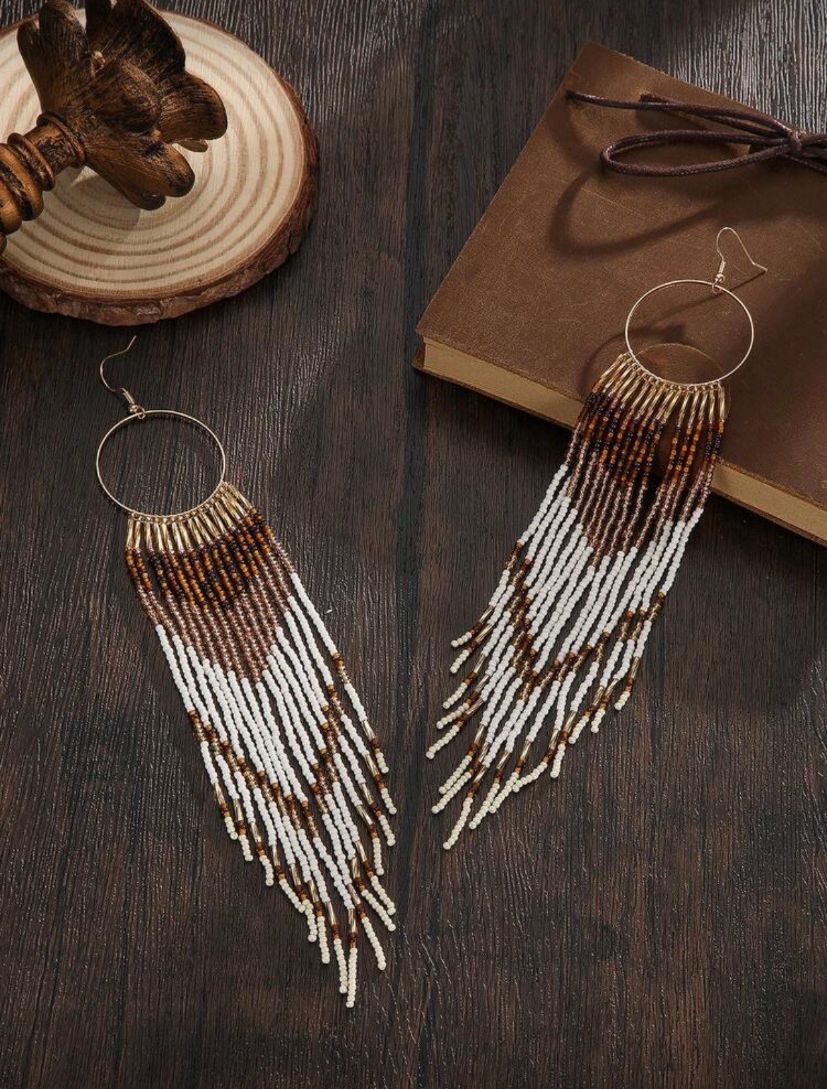 Extra Long Handmade Seed Bead Earrings Gold Round Hoop Gold White Brown Beaded