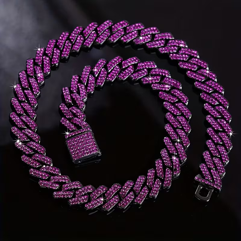 Hip Hop Purple Cubic Zirconia Iced 15mm 20″ Cuban Hematite Chain Bling Necklace
