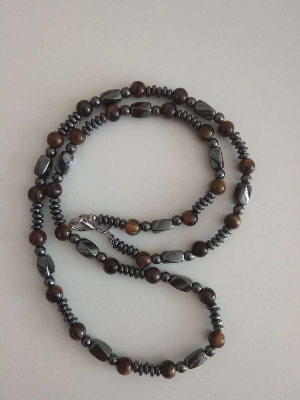 6x8mm 6mm &4mm Natural Hematite &Tigers eye Gemstone Beads Necklace 21.5″-323-8