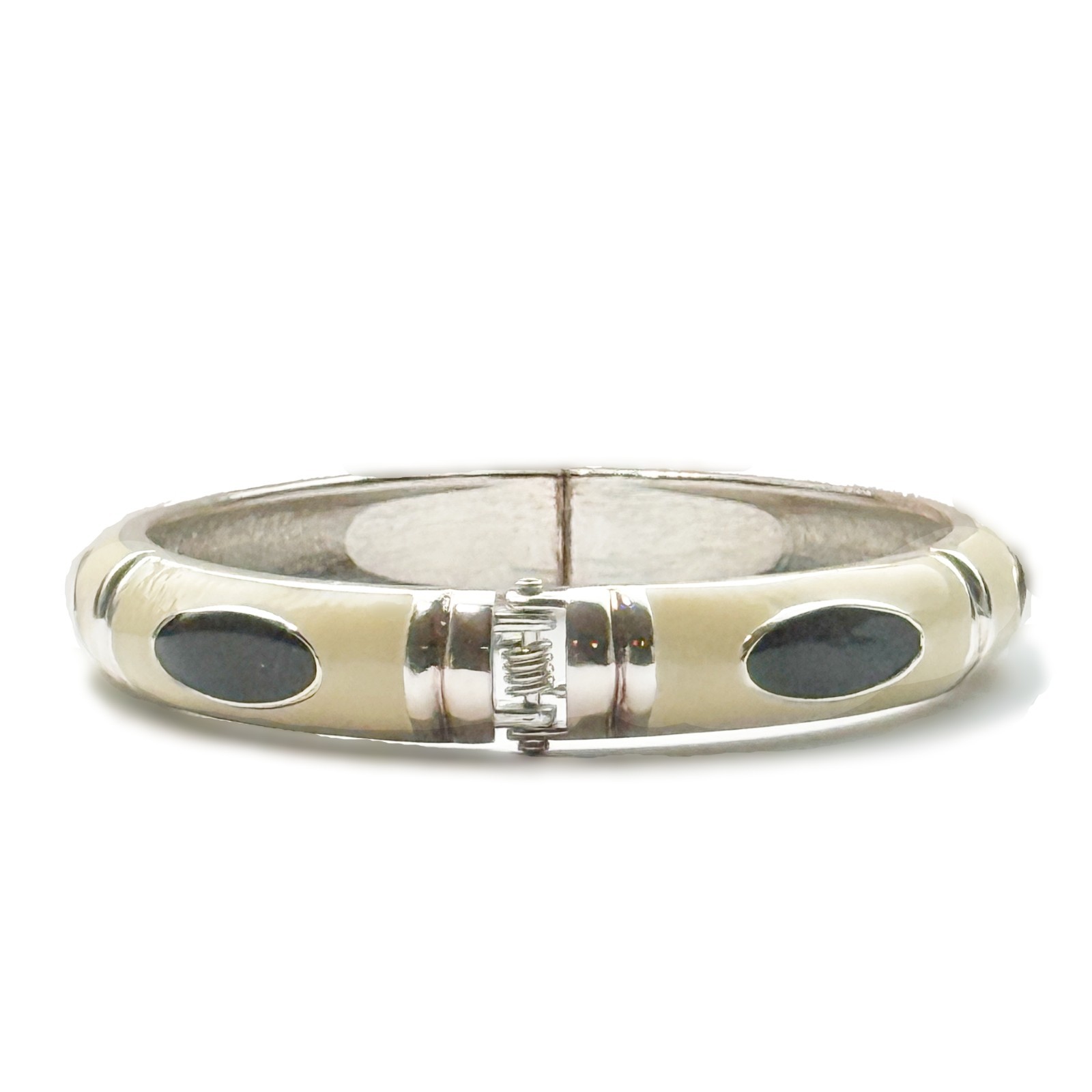 Cream White and Black Oval Enamel Hinged Bangle Bracelet + FREE GIFT