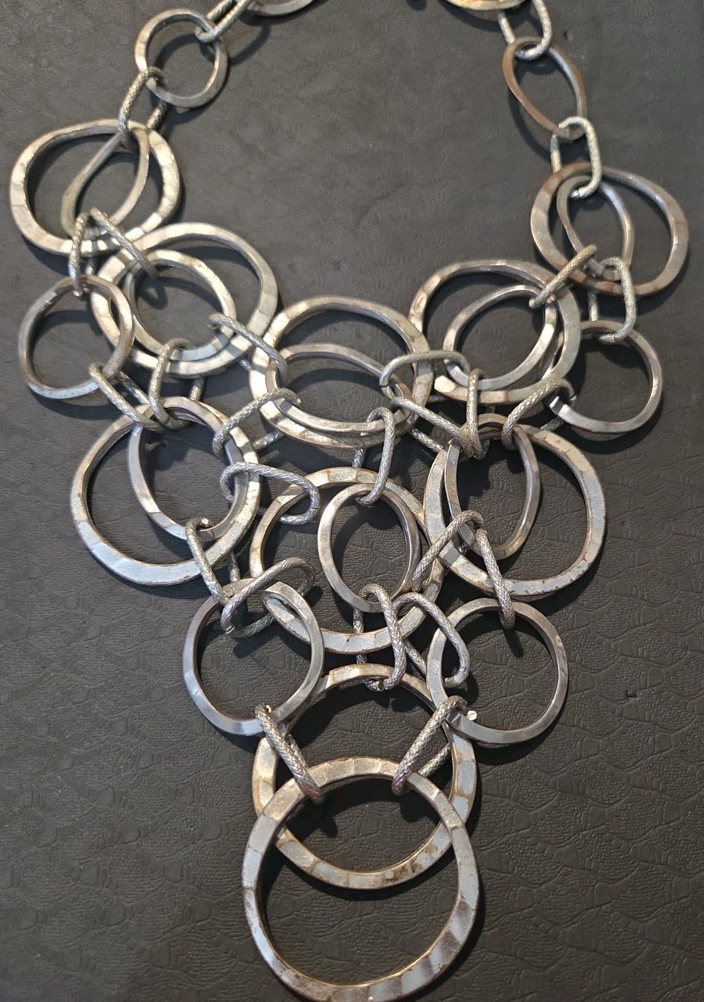 CHICO Silver Tone Statement Link Necklace Heavy Modern Mixed Ring Design 157g