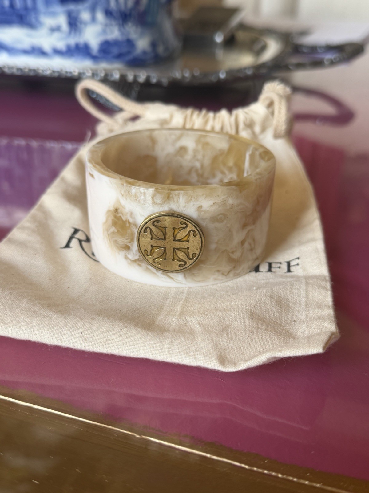 Rustic Cuff Ivory Marbled Resin Cuff Bracelet Bronze Cross Medallion OS