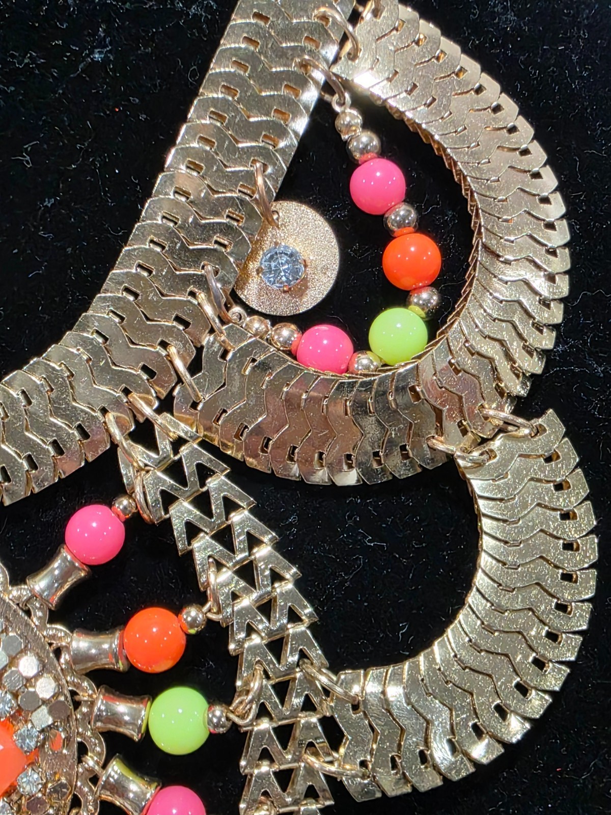 Colorful Lucia Statement Necklace Gold Tone Neon Orange & Green Beads