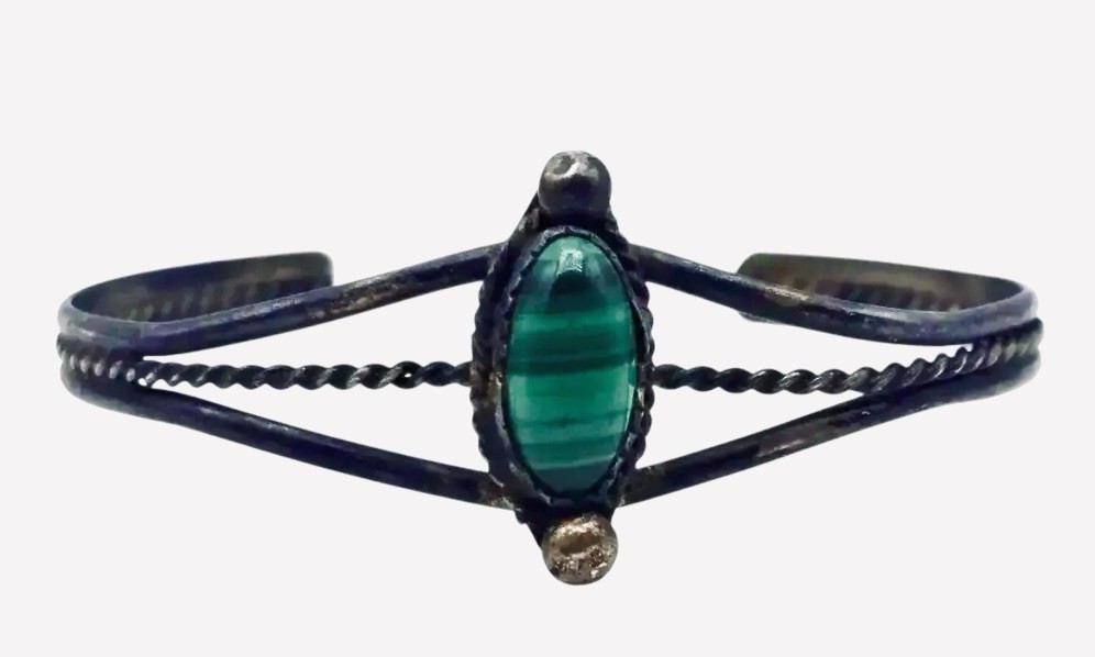 Vintage Sterling Silver Malachite Cuff Bracelet Southwestern Estate jewelry