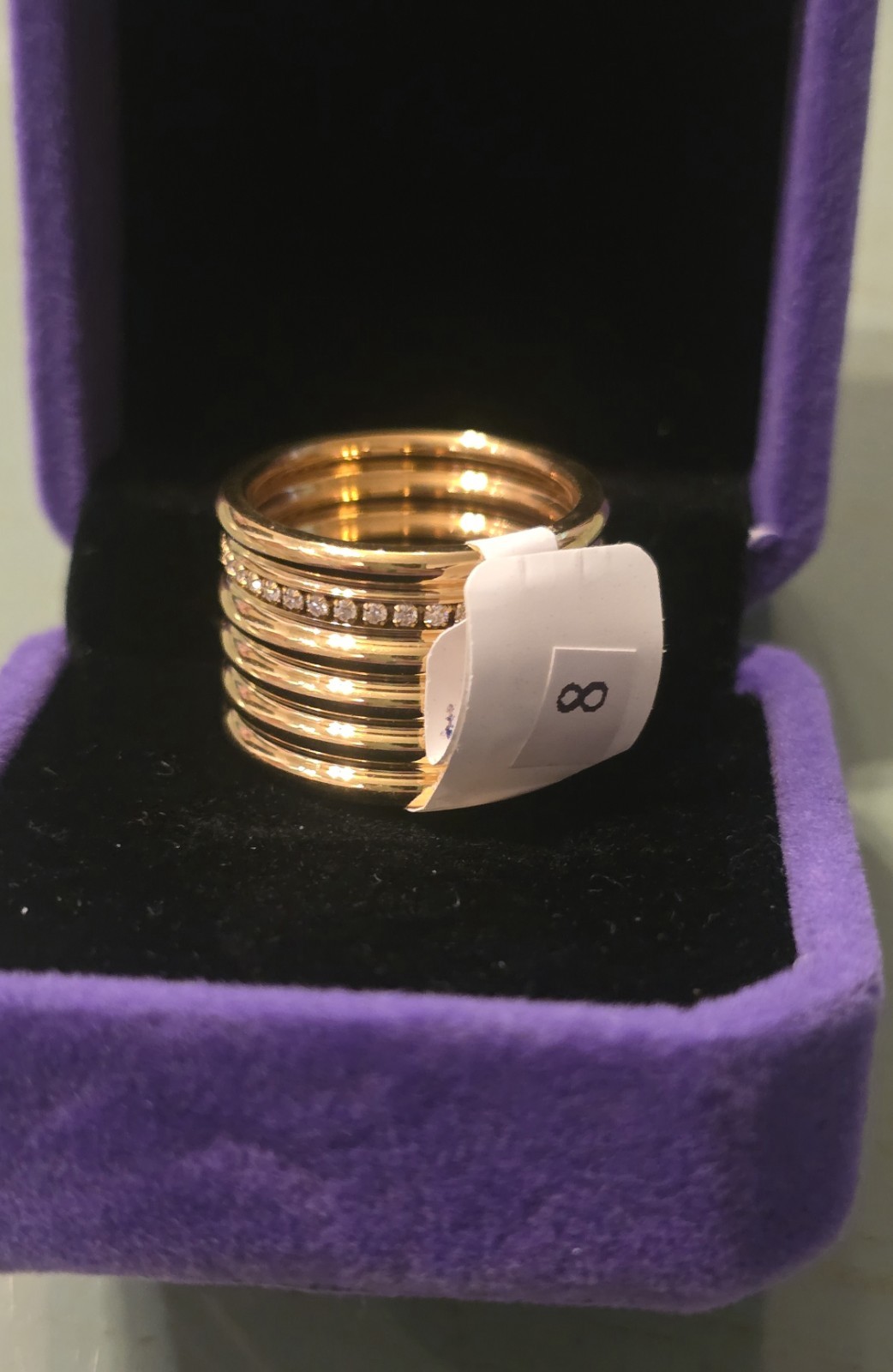 Gold Tone Cigar Band Ribbed Multi-Band Ring w/ Channel-Set stone Row Size 8