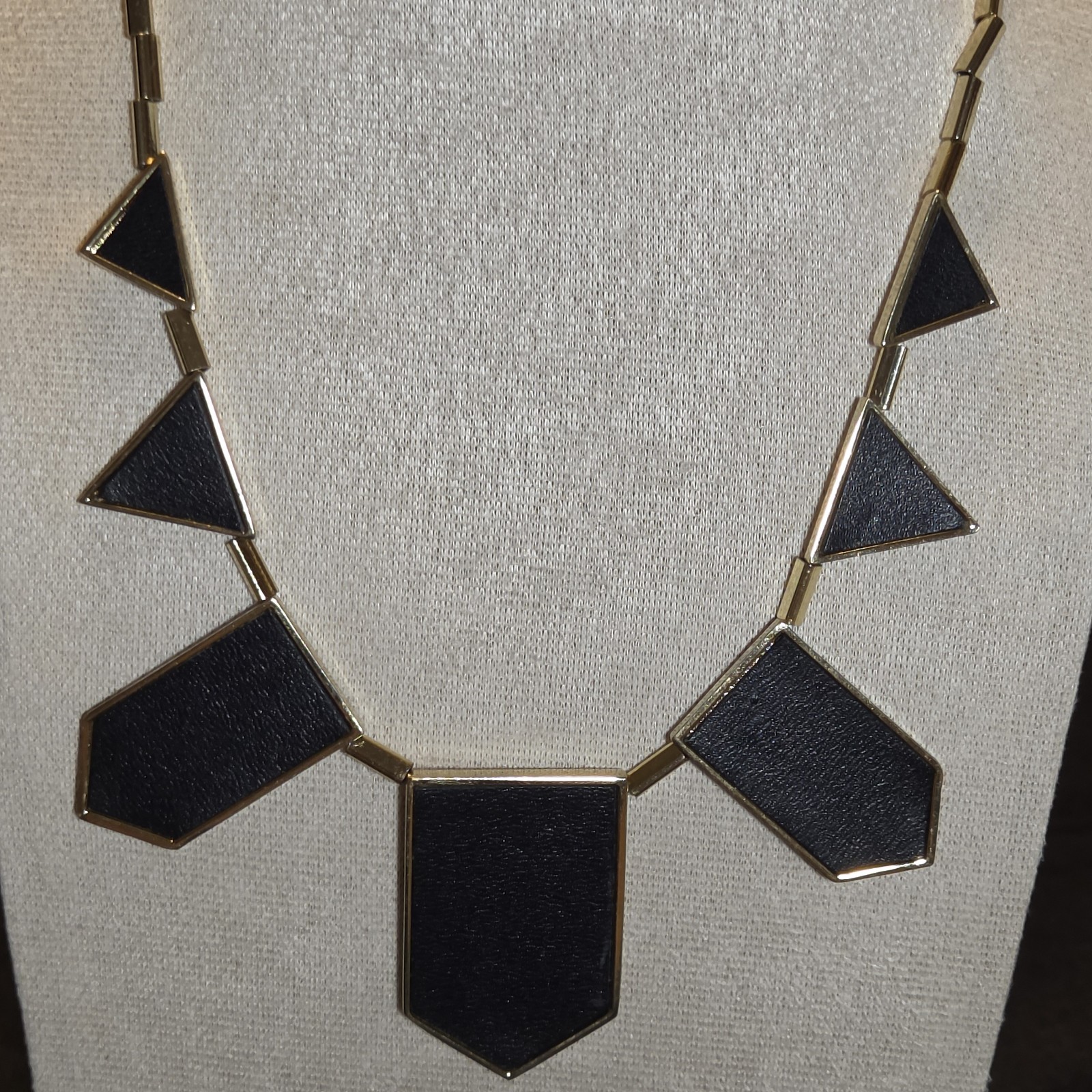 House of Harlow Signed Black Leather Gold Plate Geometric Tile Bib Necklace 20″