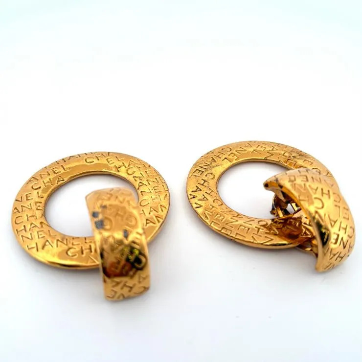 CHANEL Vintage Logo Hoop Earrings 2WAY Gold Plated Auth Japan