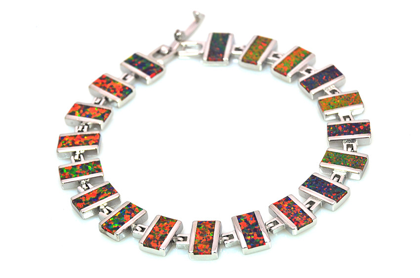 Vikoly Blue/White/Orange/Pink Oval 925 Sterling Sliver Fire Opal Bracelet 18cm