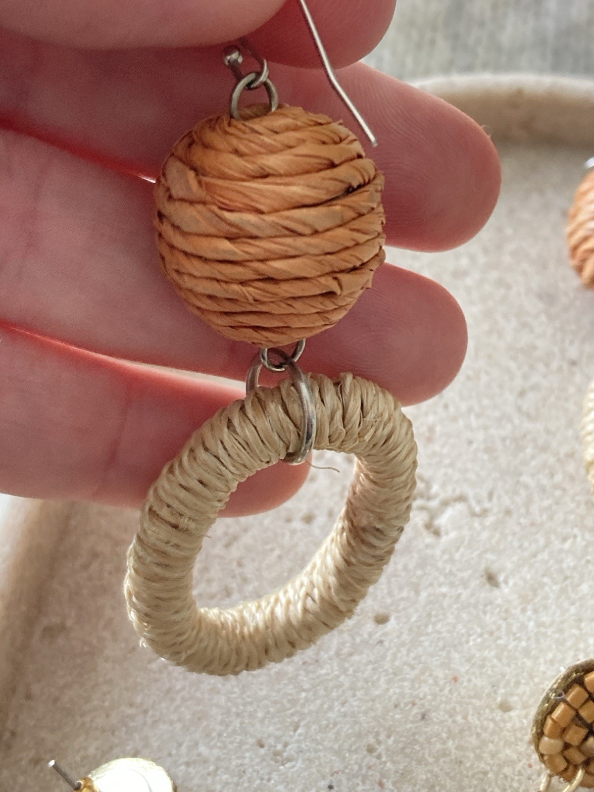 Earthy Boho Earrings Set Of 2 Pair Raffia Hoop Beaded Statement Natural Brown