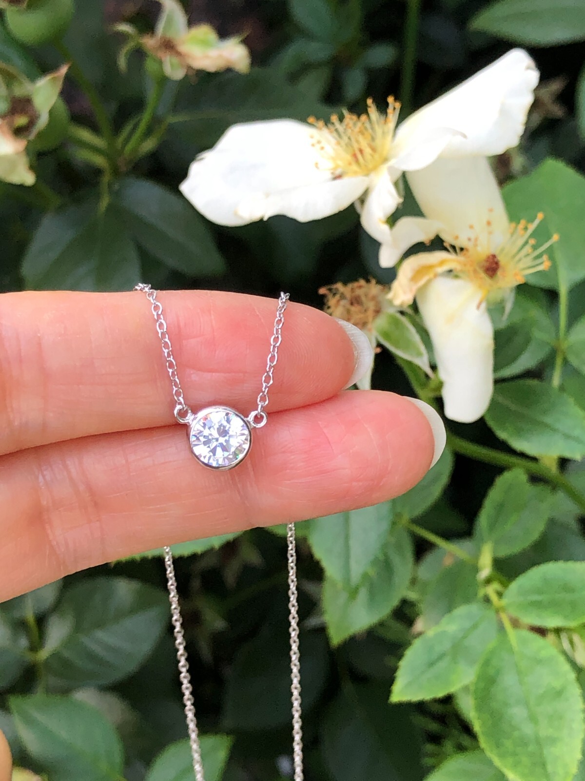 Tiny Bezel Cz Solitaire Necklace 925 Sterling Silver Pendant Round 6.8mm 17.25″