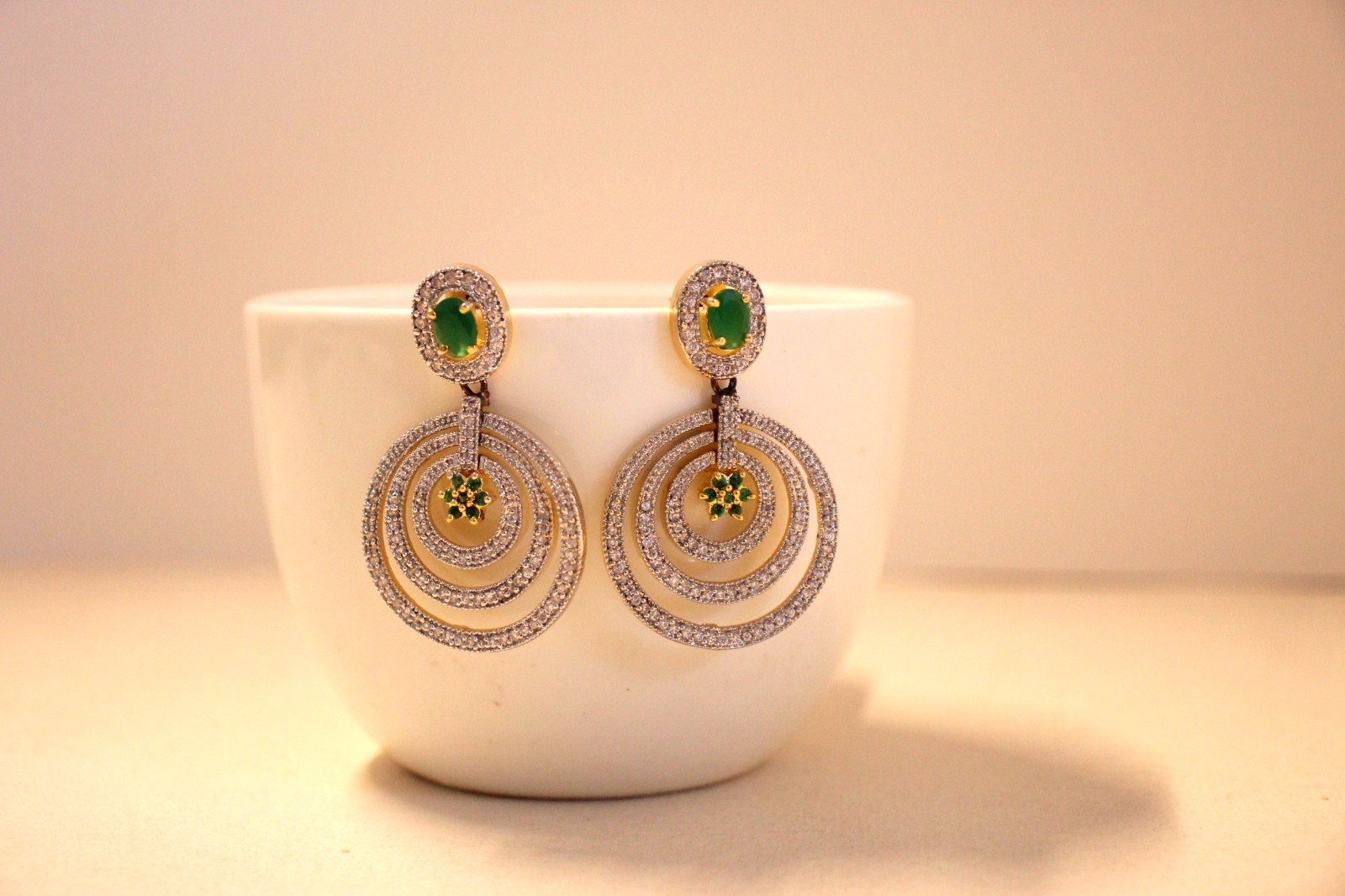 Green Cubic Zirconia CZ Cocktail Earrings Golden Brass American Diamond Dangle
