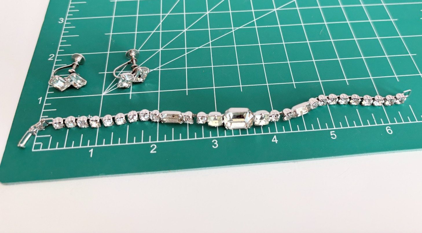 VTG 6.5″ Emerald Cut Cubic Zirconia Bracelet with Emerald Cut CZ Earrings Set