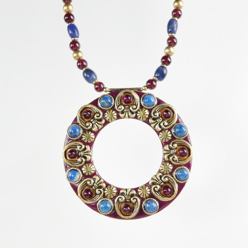 Old World Style Michal Golan 24K GP Garnet Lapis Lazuli Open Circle Necklace