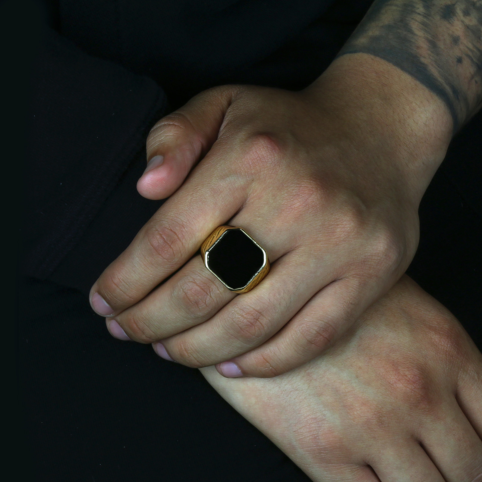 Mens 14k Gold Plated Hip Hop Style Black Top Pinky Ring