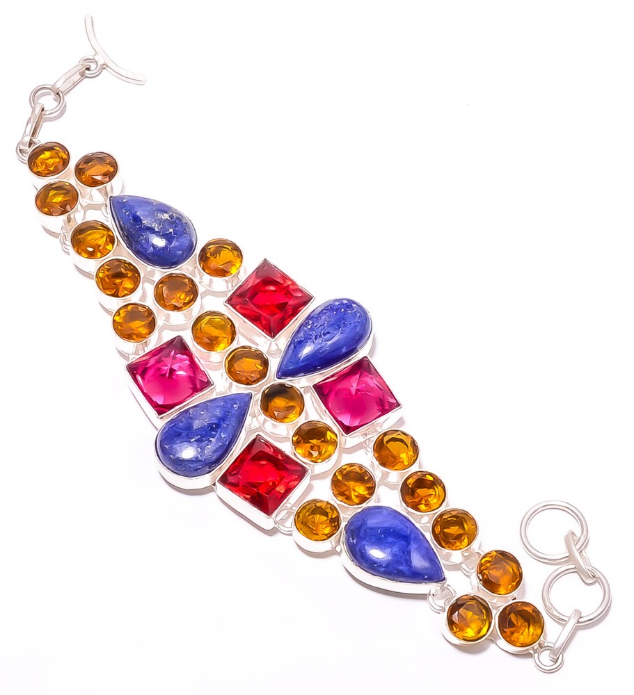 Natural Lapis Lazuli & Rubellite Gemstone 925 Sterling Silver Bracelet 7-8″T830