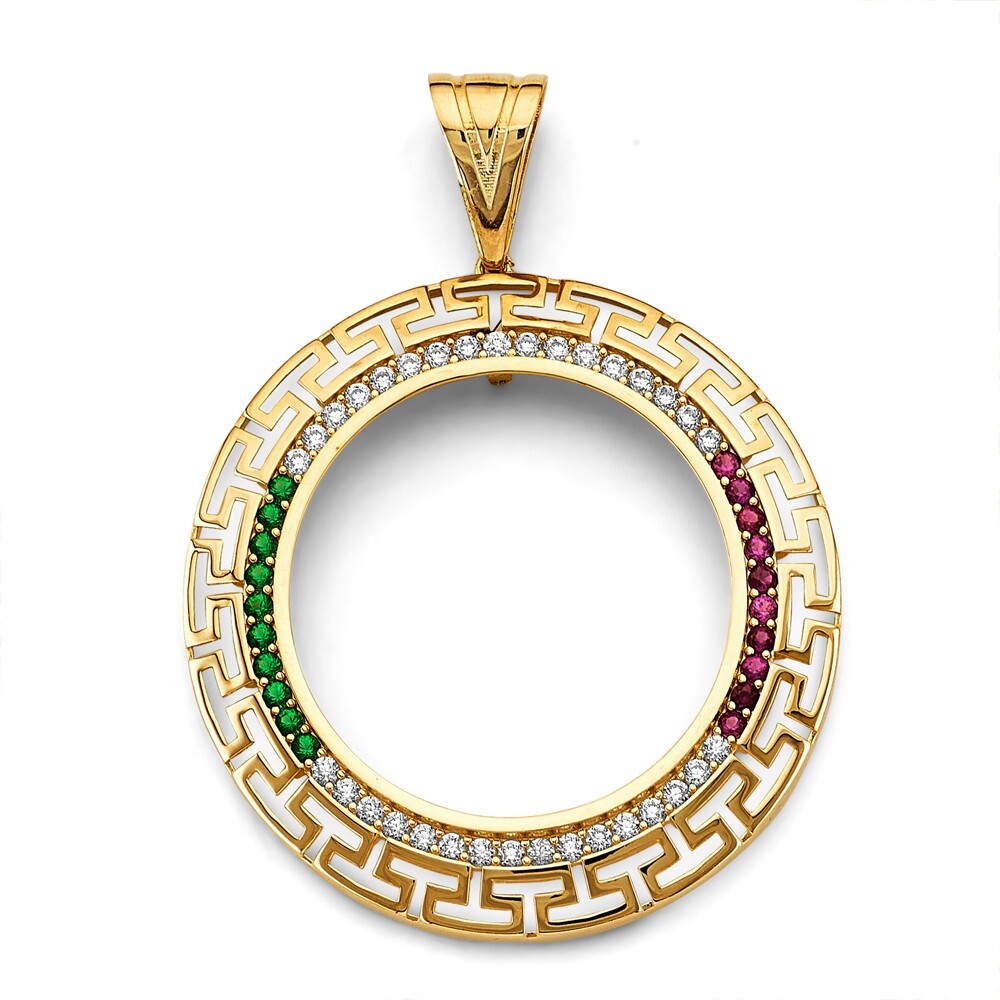 14K Yellow Gold CZ Greek Coin Frame (50 Pesos) Pendant Charm For Necklace Chain