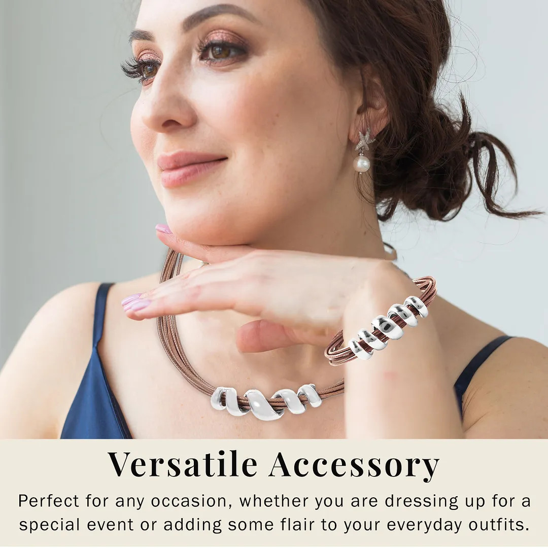 Beige Faux Leather Cord Stainless Steel Twist Bracelet 7″ and Necklace Set 16″