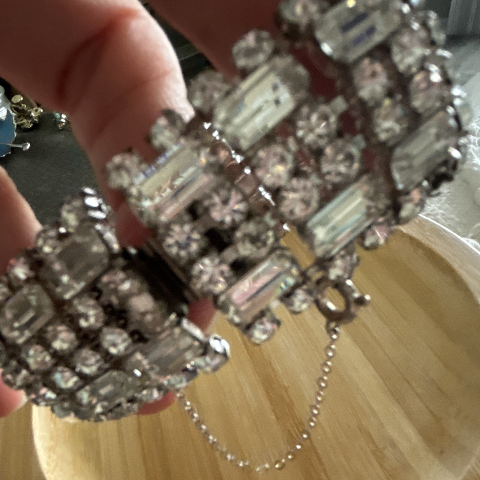 Estate Silver Tone Rhinestone Baguette Rectangle Wide Tennis Bracelet Clasp