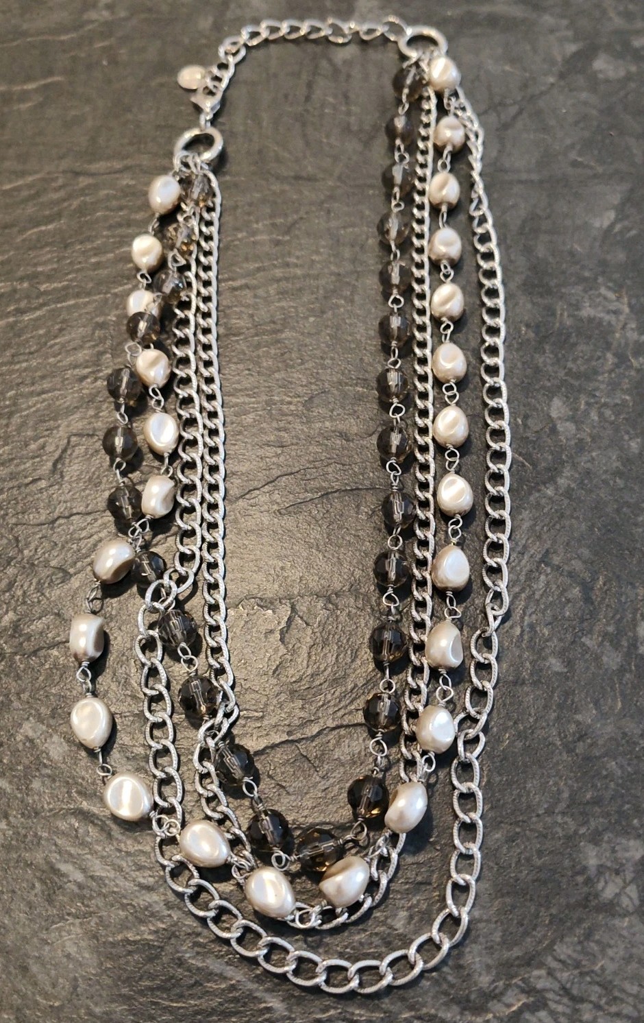 Talbots Silvertone Multi Strand Faux Pearl & Faceted Bead Necklace 18-21″