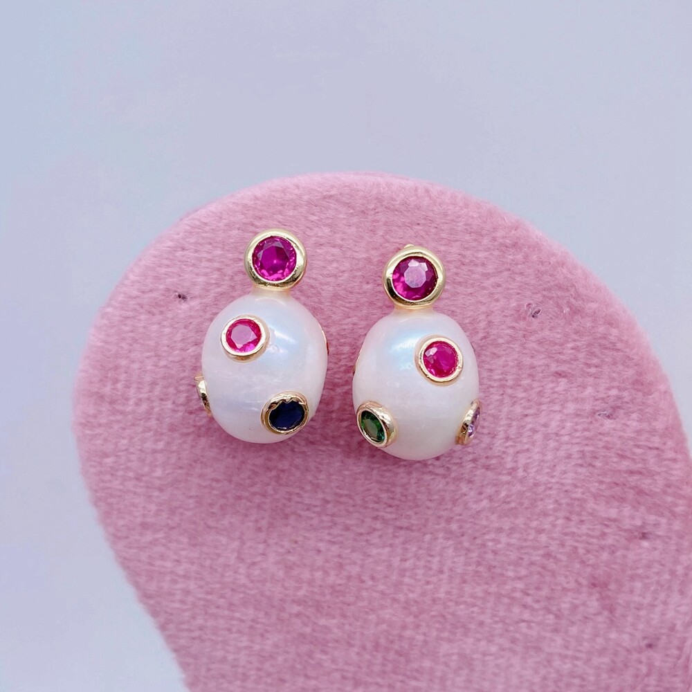 Cultured White Pearl Stud Earrings Pearls Cz Pave Handmade Designer Earring