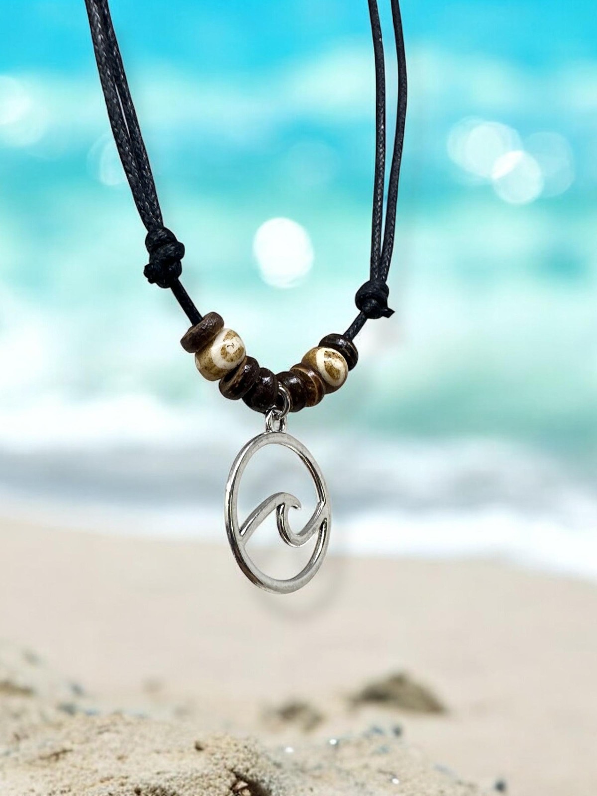 Handmade Wave Pendant Necklace – Adjustable 16–30” Black Cord – Silver Tone Wave