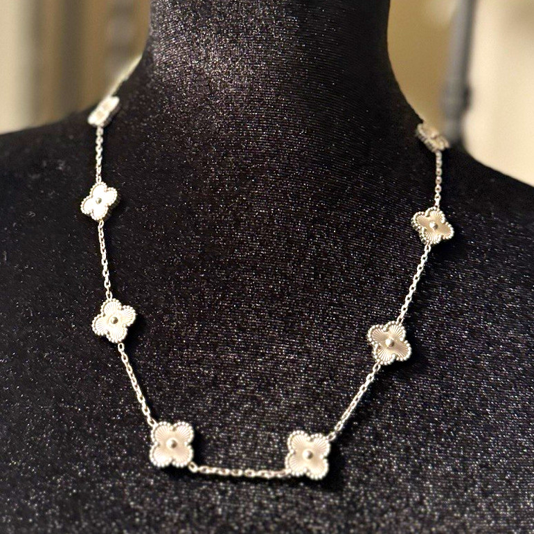 Silver Tone Station Cable Chain Necklace Clear Crystal Flower Cluster Links