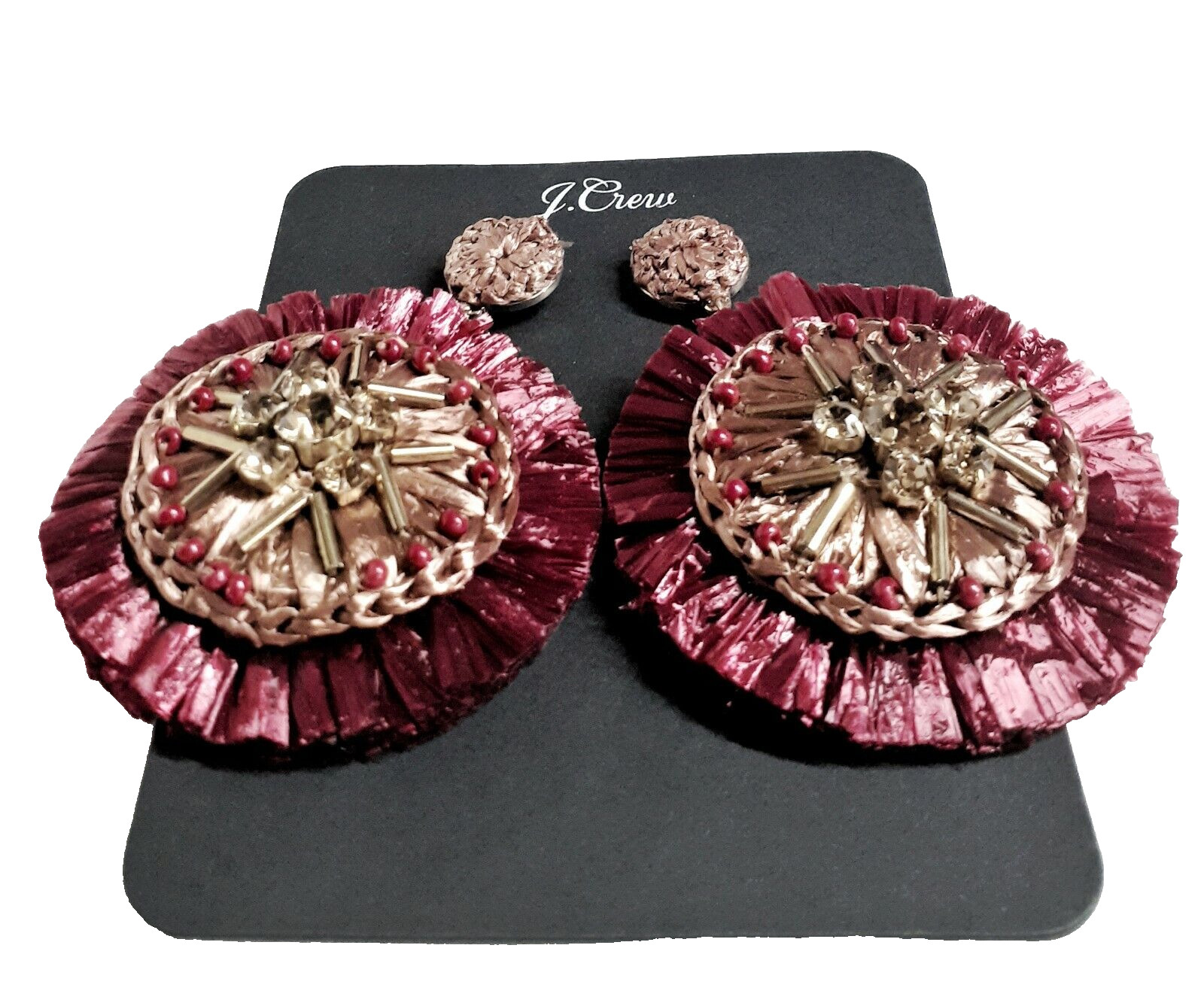 J.Crew Sparkle Raffia Statement Earring Rock Red Multi-Color Leather AQ987 NWT