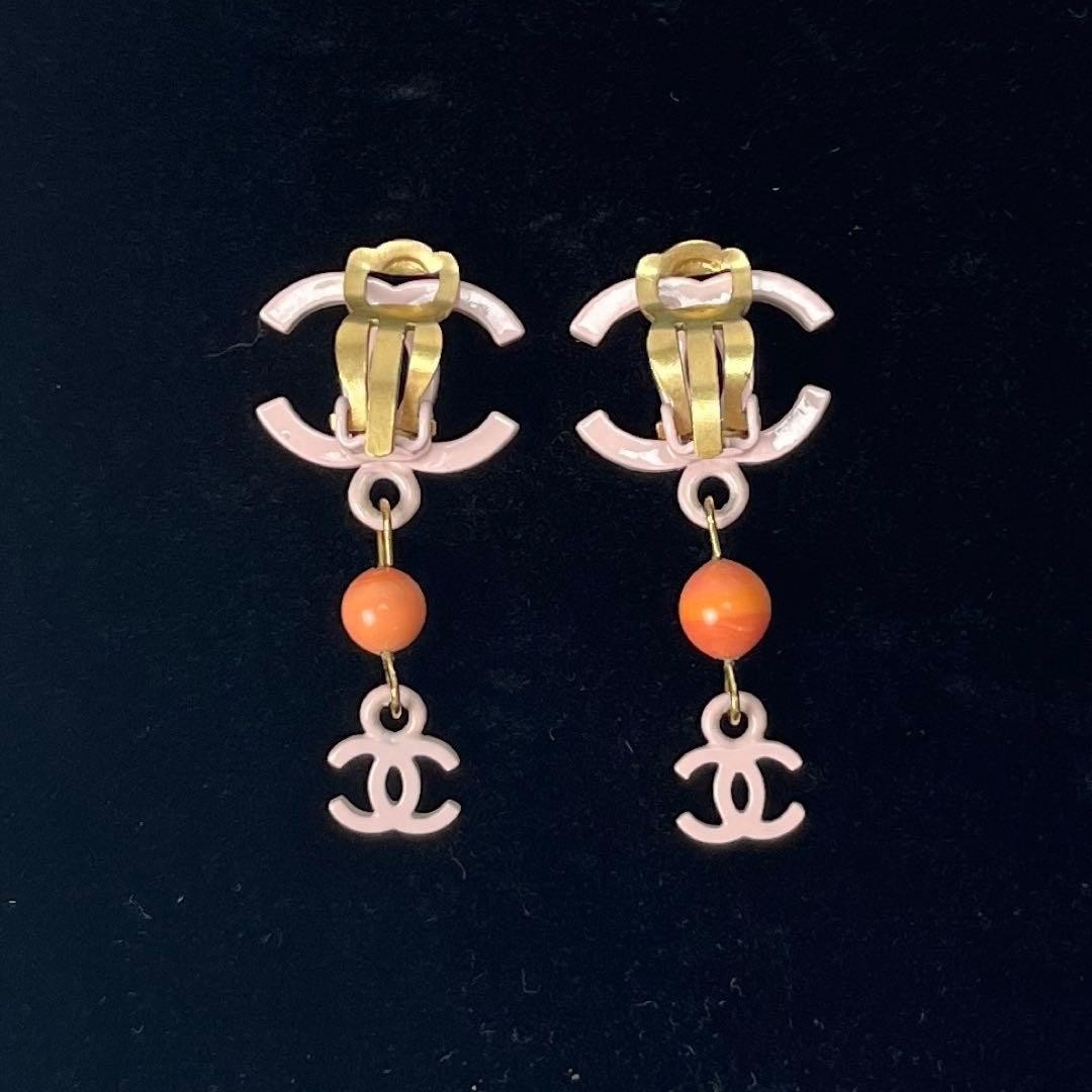 CHANEL 03S Pink CC Logo Dangle Clip On Earrings Orange Vintage Auth