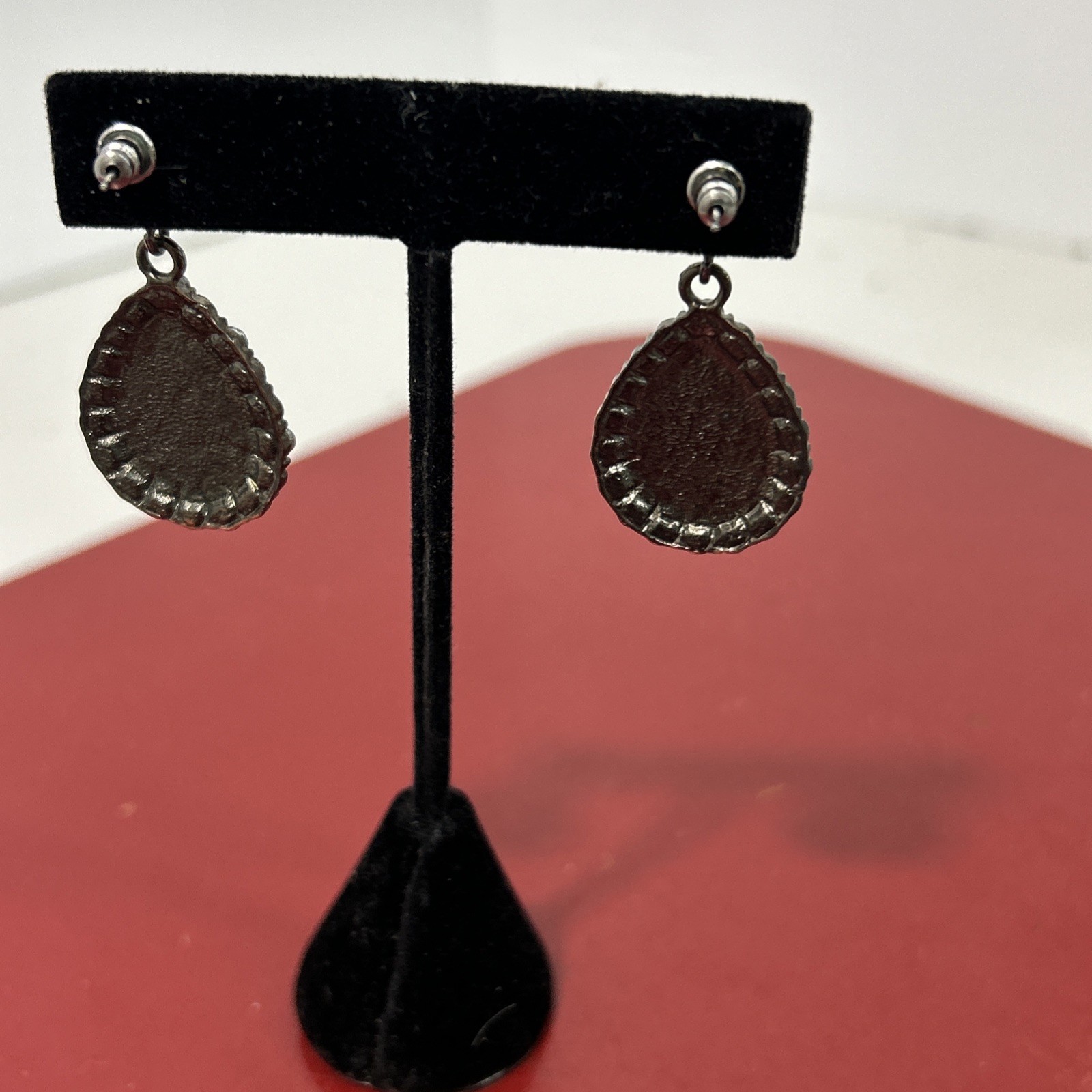 Antique Teardrop Cut Red Faux Garnets Gemstones Silver Dangle Post Earrings