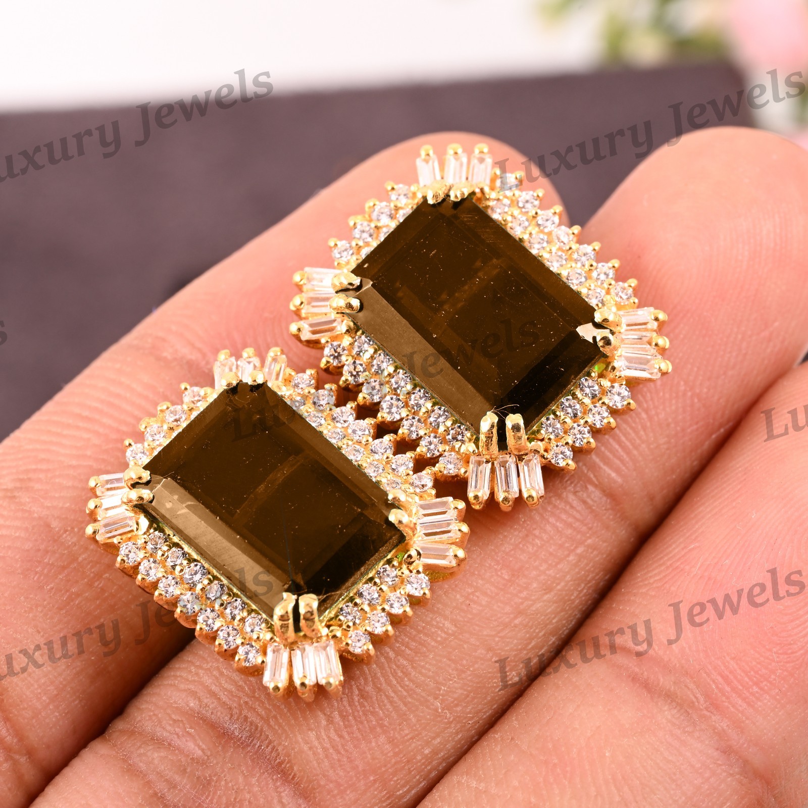 Smoky Quartz 925 Sterling Silver Earrings Natural Brown Gemstone Stud Women
