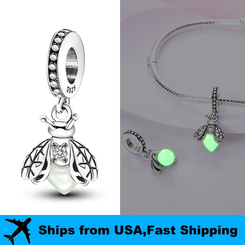 PANDACH Sterling Silver Glow-in-the-Dark Firefly Charm For Bracelet Pendants DIY