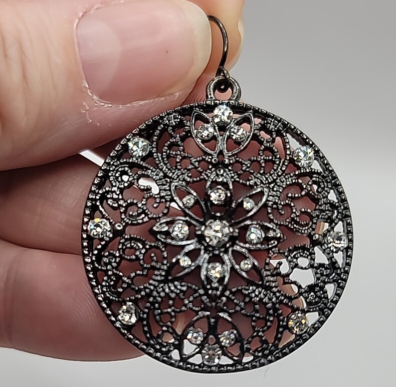 Round Filigree Open Work Gun Metal Grey Rhinestone Pierced Dangle Earrings