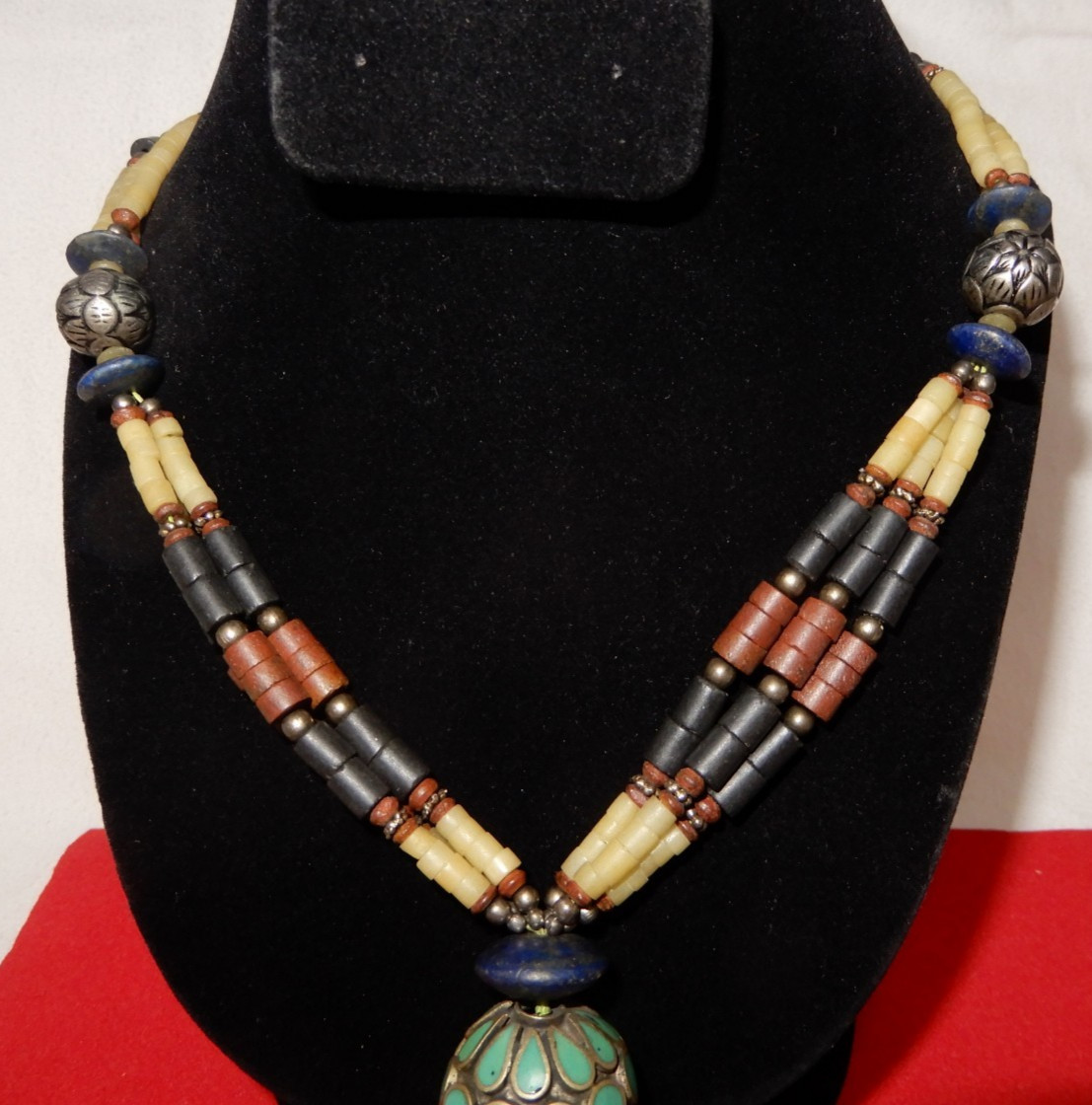 Ethnic, Boho Style Necklace 22″ + 4 1/2″ bangle -Tibetan Lg. Bead, lapis, stones