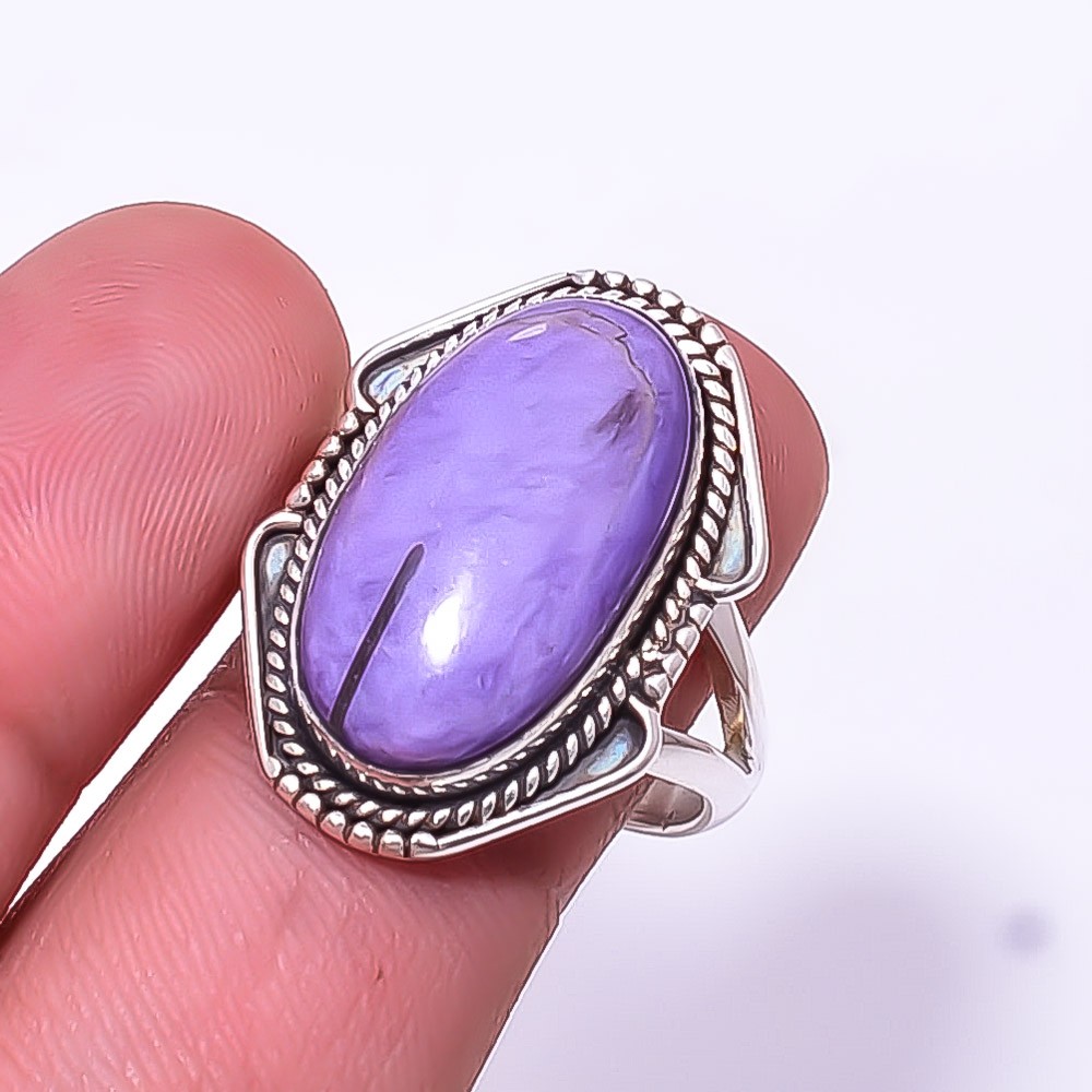 Purple Charoite Oxidised 925 Sterling Silver Handmade Ring S.9 R, Christmas Gift