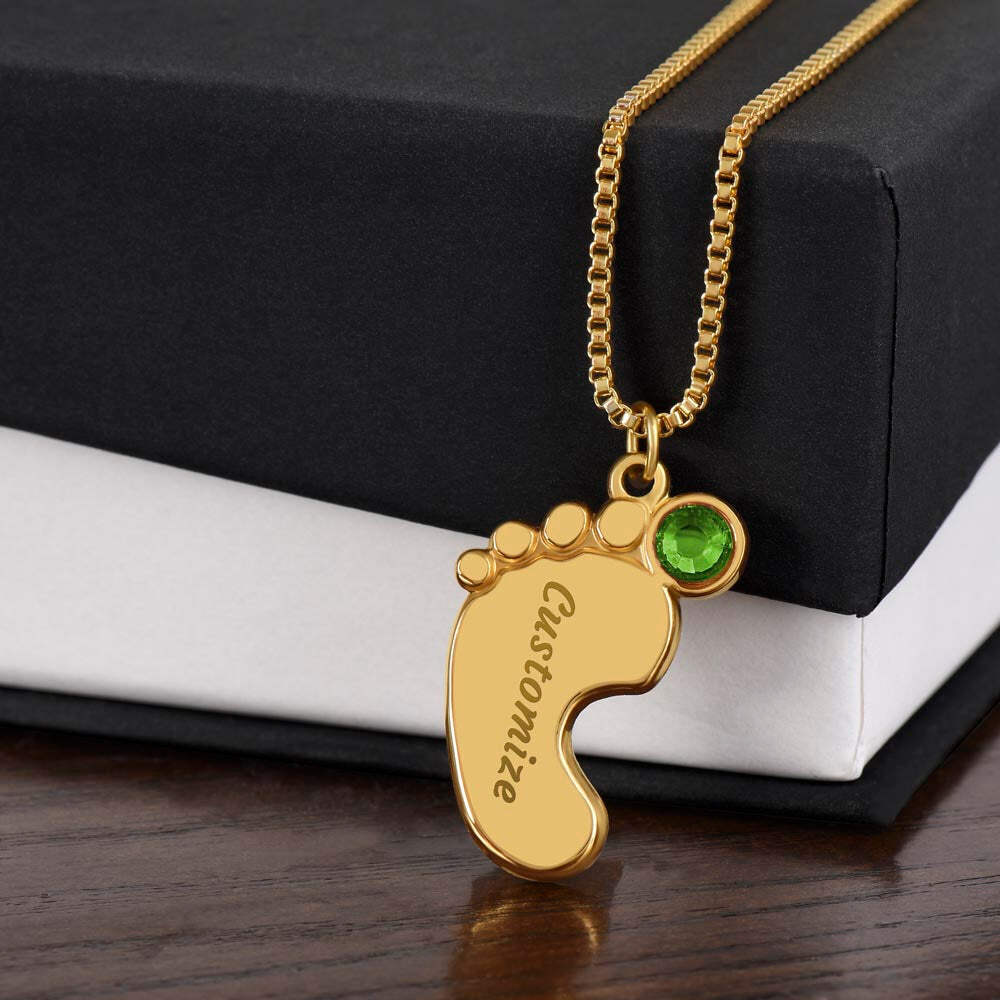 Personalized Engraved Baby Feet Necklace With Birthstone