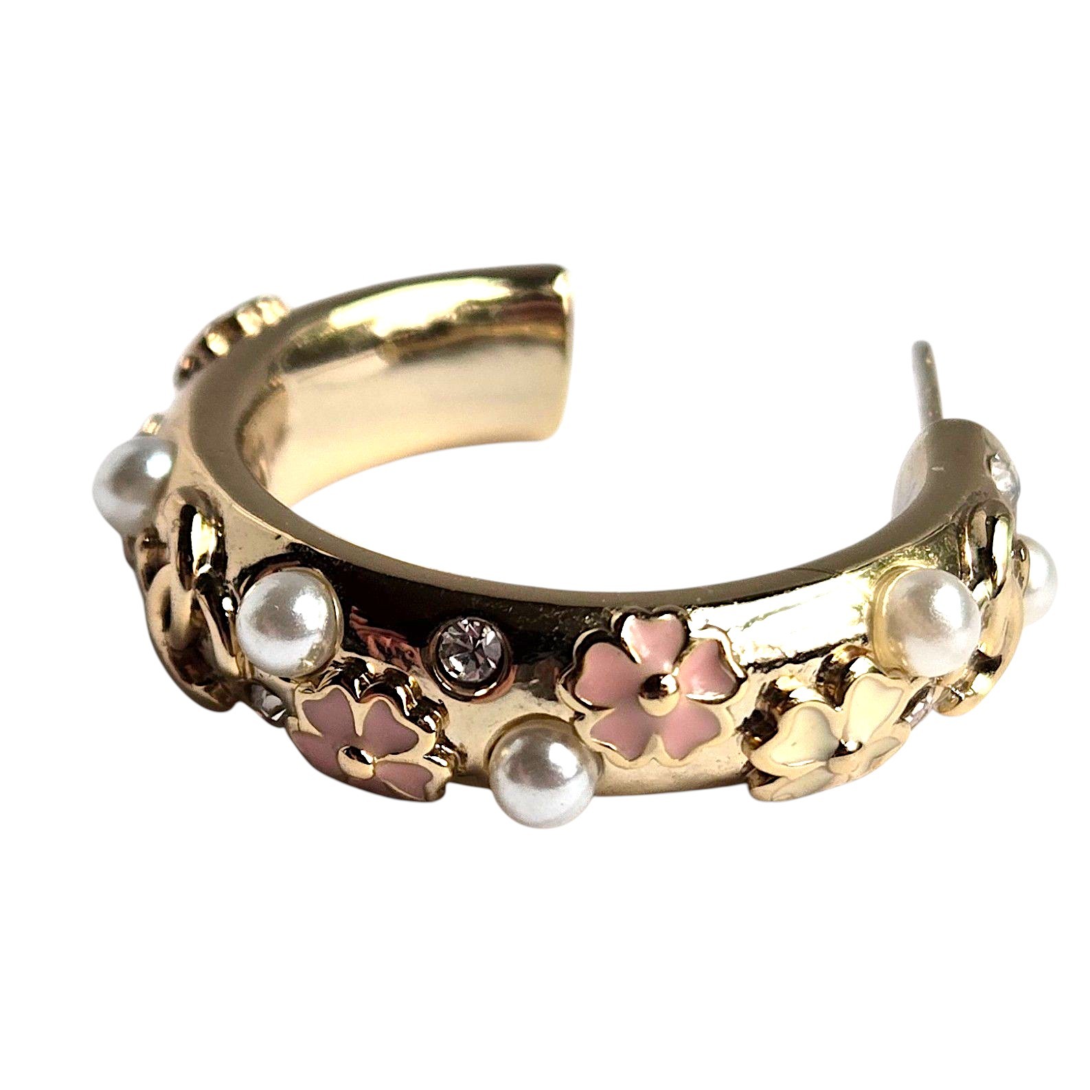 Chanel A21 Floral Camellia Enamel Pearl Crystal Gold Tone Hoop Earring SINGLE