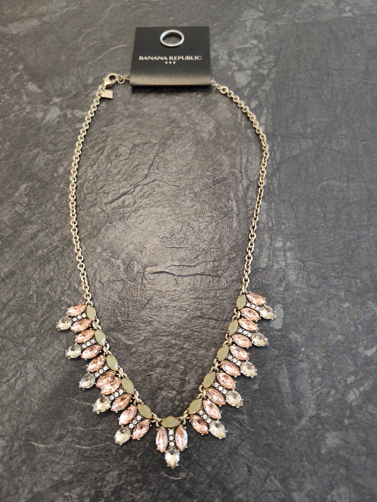 Banana Republic Gold Tone Pink, Gray,Clear Rhinestone Statement Bib Necklace NWT