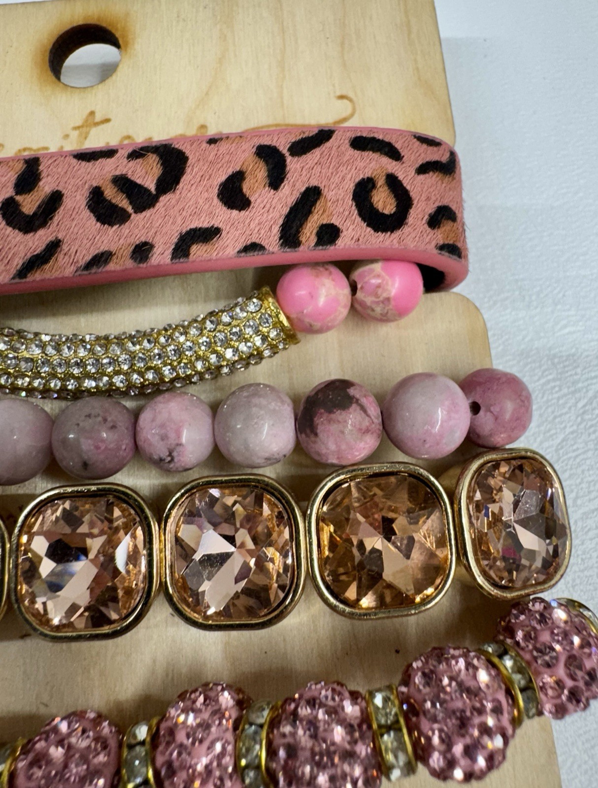 SANDRA LING UPCYCLED BRACELET STACK ACRYLIC AND GLASS LEATHER GOLD TONE PINK