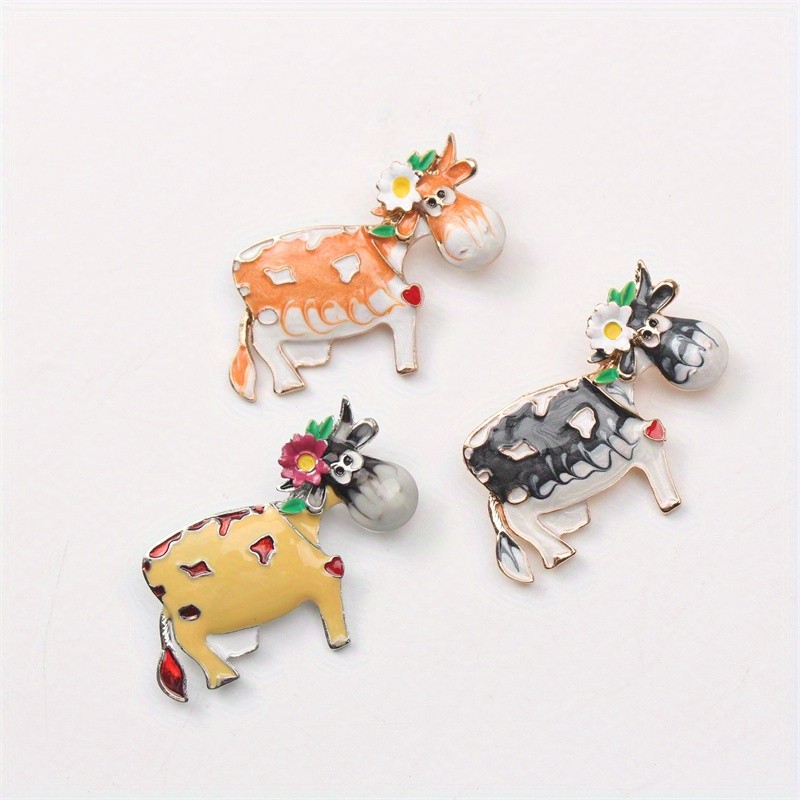 3P Cartoon Flower Cow Brooches Drop Animal Lapel Pin Cute Accessories for Women