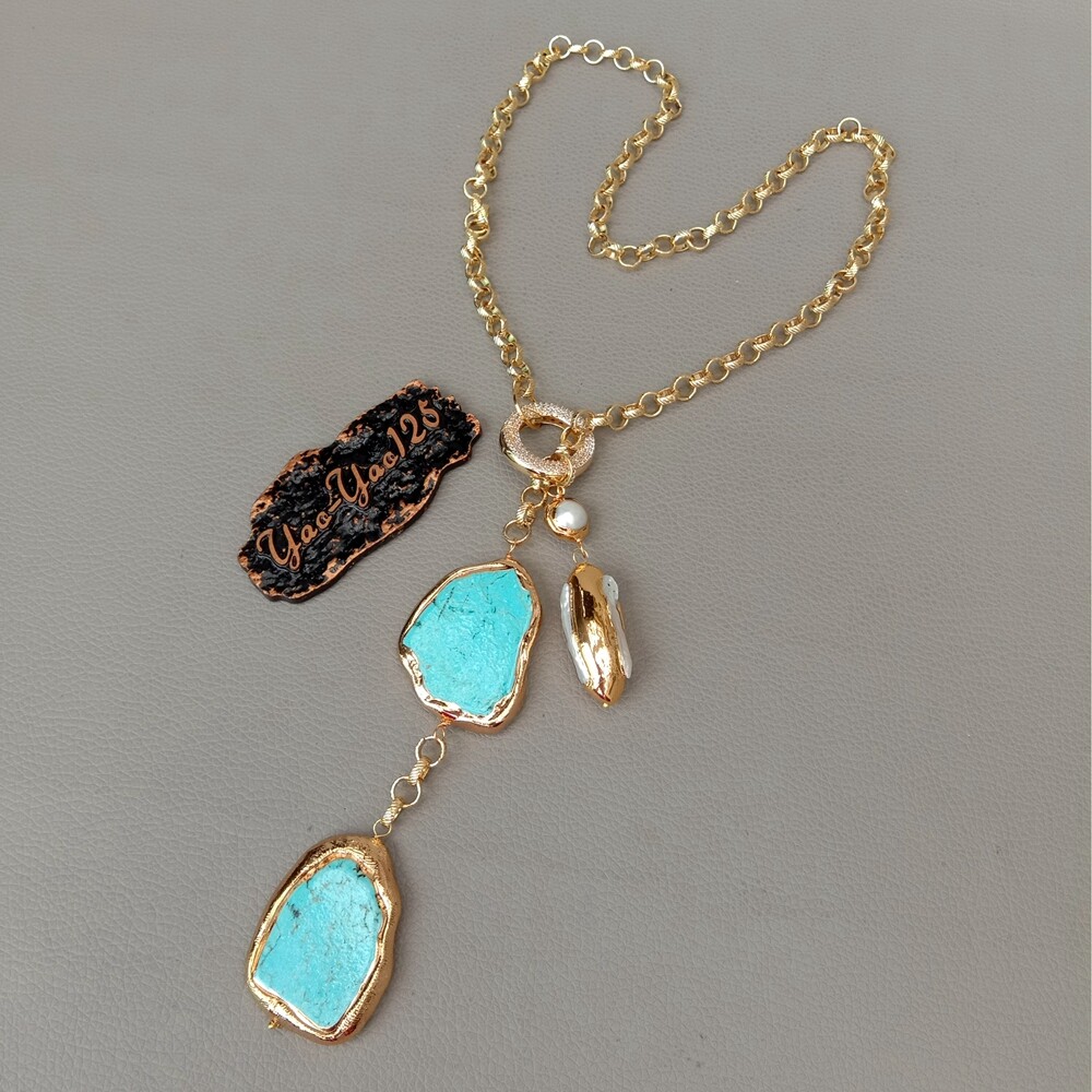 White Biwa Pearl Turquoise Lariat Chain Necklace 27″