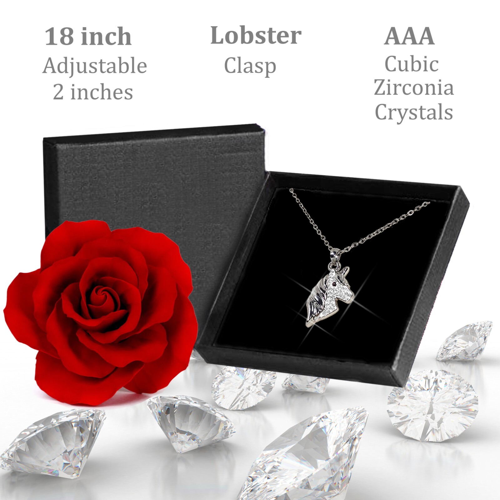 Silver Unicorn Necklace Cubic Zirconia Crystal Charm Gift Women Girls 18 inch