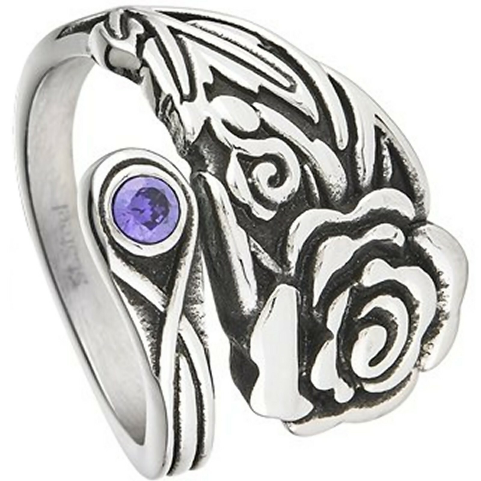 Rose Spoon Ring Womens Silver Stainless Steel Purple CZ Garden Flower Boho Band