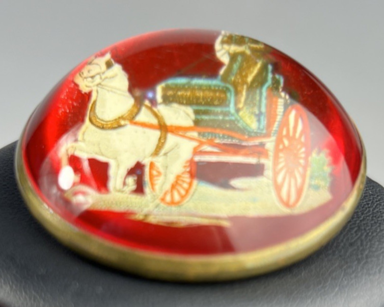 Antique Reverse Glass Dome Brass Horse Bridle Cart Rider Brooch Red 1.5″
