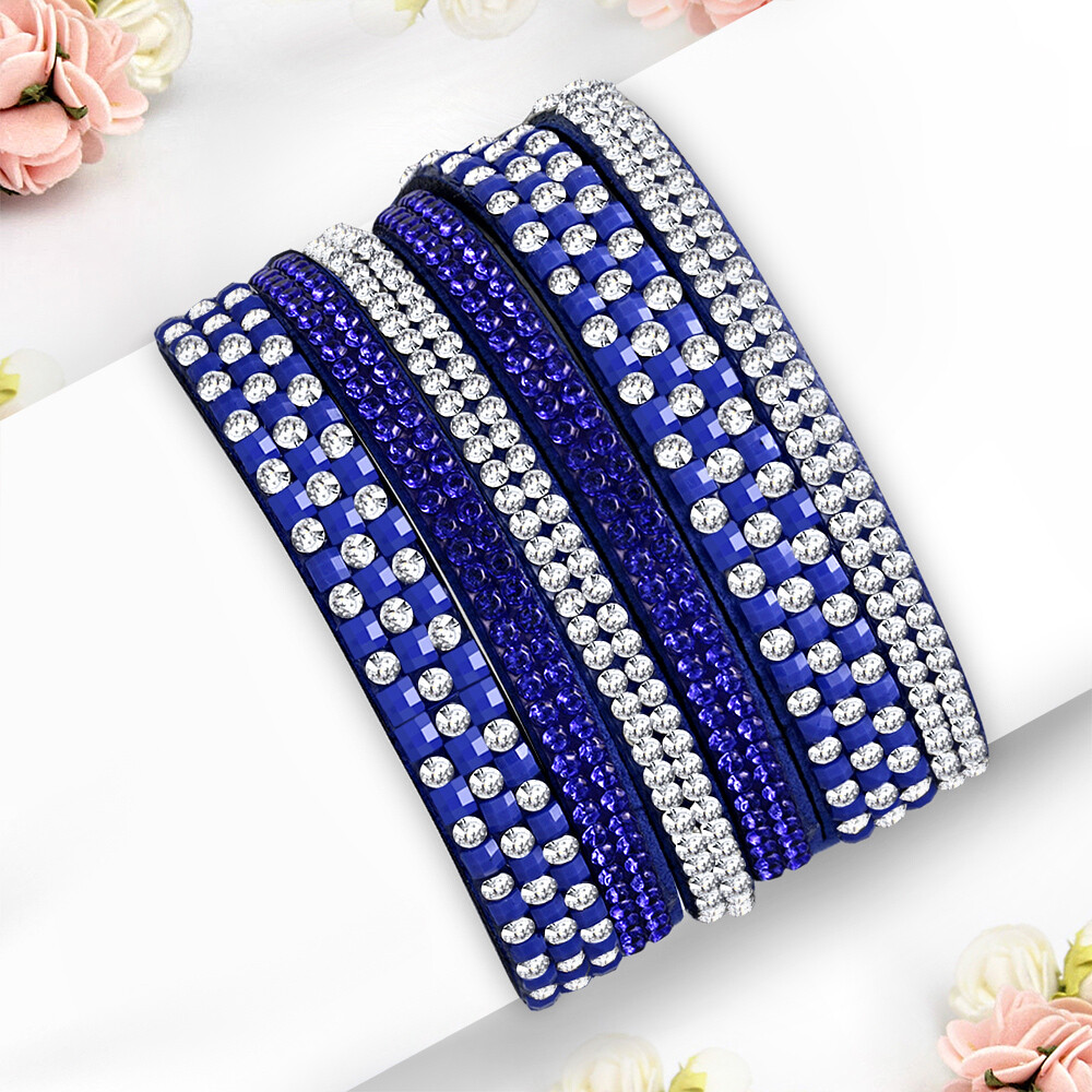 Fashion Crystal Beaded Multi Wrap Blue Velvet Snap Bracelet Clear & Sapphire CZ