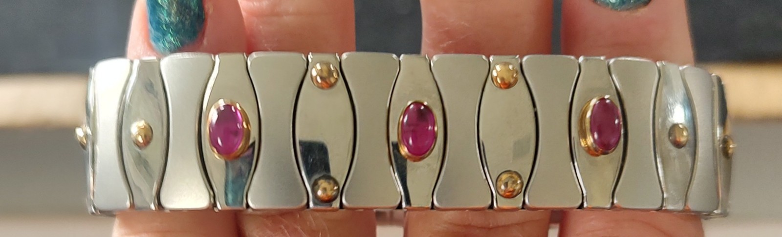 UNODOMANI Stainless Steel 18K GOLD Silver Pink Stone Stretch BRACELET Italy Vtg
