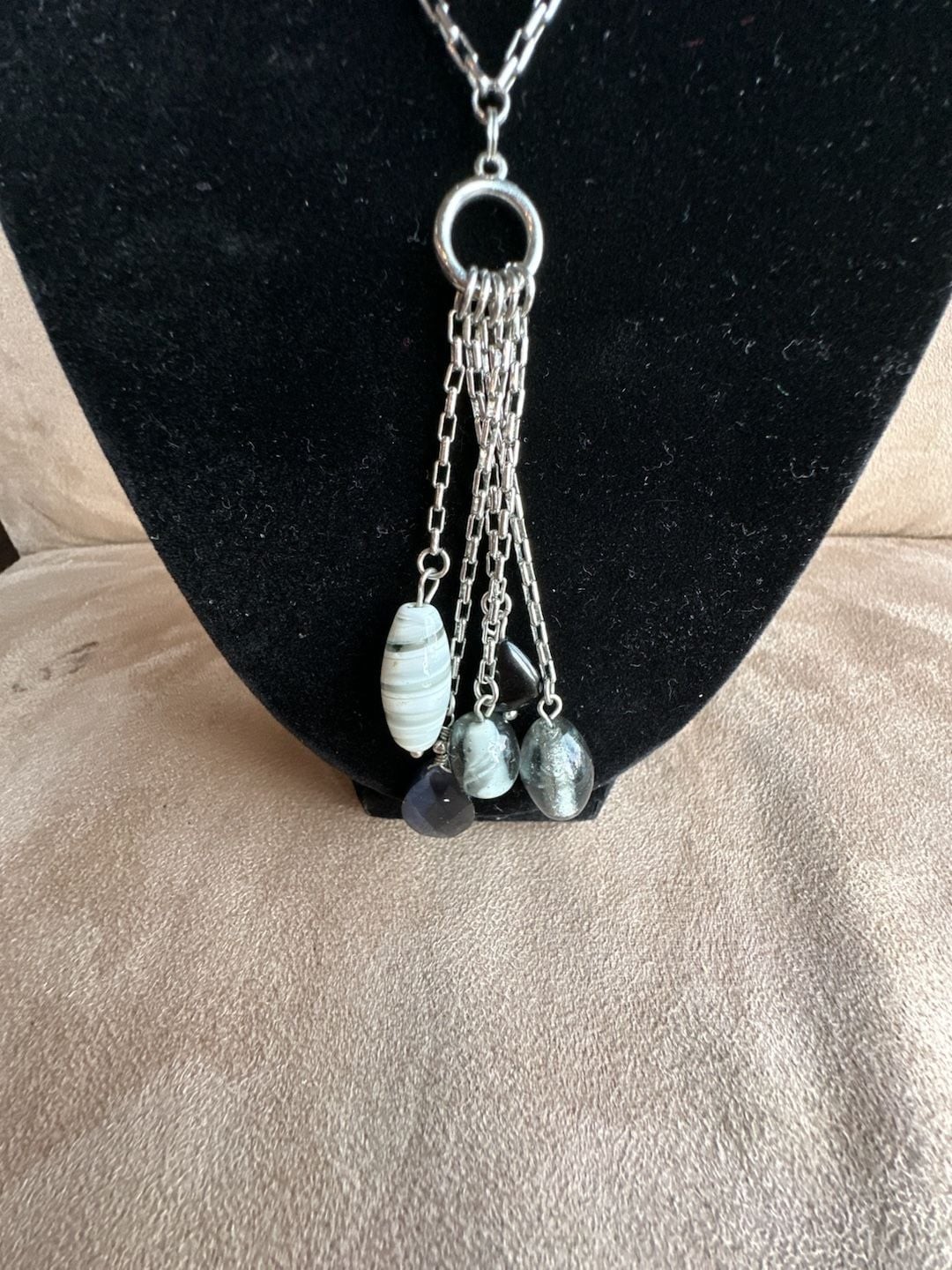 Lia Sophia Long Silver Tone Tassel Necklace with Glass Beads