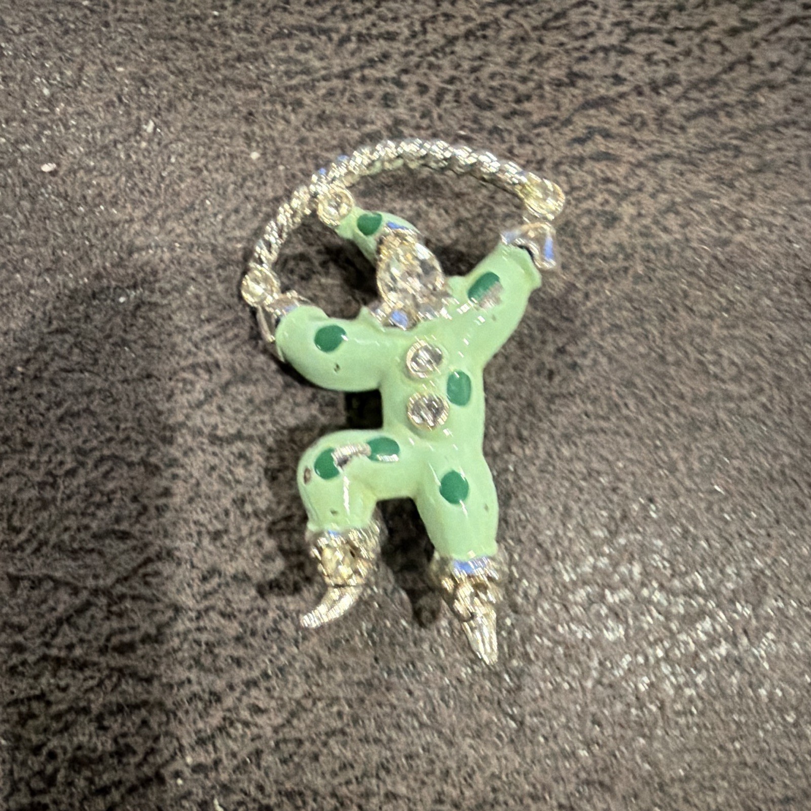 Green Enamel Jester Brooch Pin w/ Clear Round Crystal Rhinestones Silver Tone